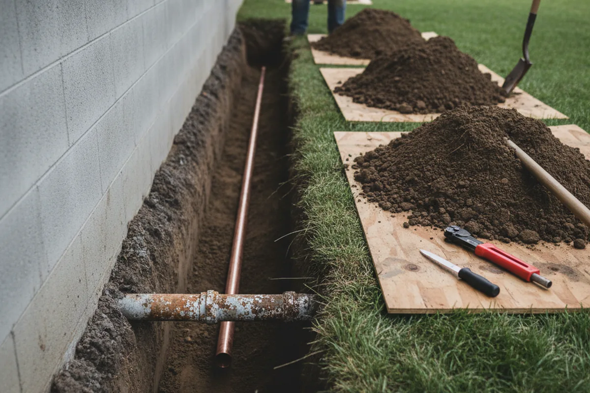 Excavated water line trench during Sewer Line Repair in Putnam